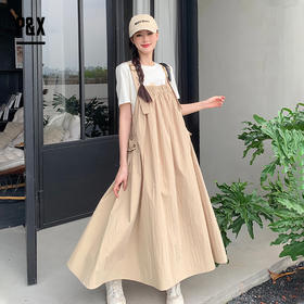 P&X设计师女装宽松背带长裙减龄中长款日系 824229158 卡其