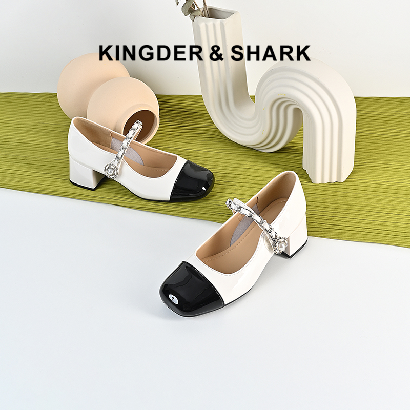 经典鲨2024年春秋款百搭圆头浅口时尚拼色粗跟玛丽珍单鞋女KW127-D17131