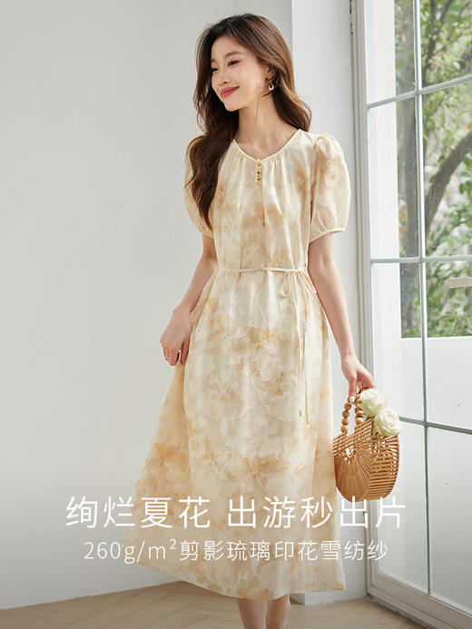 【专属特价】熙世界剪影琉璃印花雪纺连衣裙夏季新款收腰度假风茶歇法式裙子 商品图1