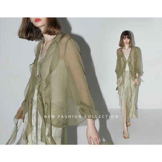 COCOBELLA名媛风10M对丝灵动荷叶边飘带雪纺衫遮阳开衫LC0002 商品图1