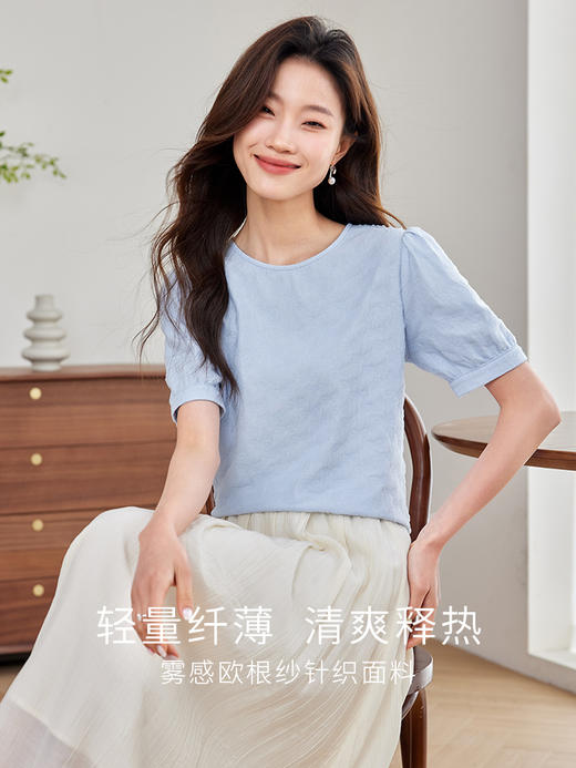 【专属特价】熙世界欧根纱蕾丝雪纺衫2025夏装新款圆领宽松宫廷风泡泡袖上衣 商品图2