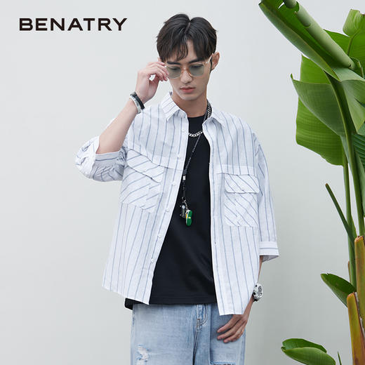 贝纳川衬衫男短袖夏季新款时尚条纹工装七分袖衬衣ECK221001402 商品图6