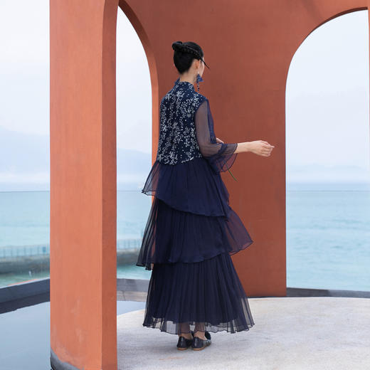 【林栖设计小店】蓝印花系列连衣裙蓝印花布传统拼真丝蛋糕长裙女1942269 商品图9