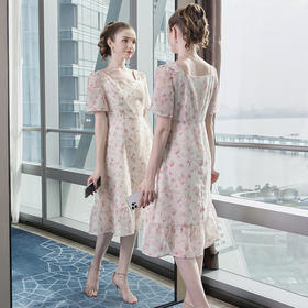 【清仓超15天不保价】奢姿2024夏季新款大码女装气质方领裙子胖妹妹荷叶印花雪纺连衣裙9942853415