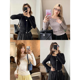 2024温柔可视~密拷边长袖T恤+木耳边背心2件套