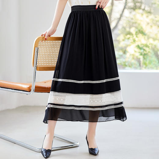 春夏新款桑蚕丝拼色优雅半身裙LS42496162 商品图1