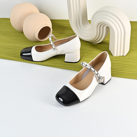 经典鲨2024年春秋款百搭圆头浅口时尚拼色粗跟玛丽珍单鞋女KW127-D17131 商品图3
