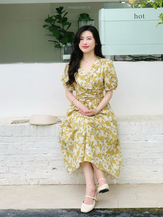 【百图lulu定制】【画廊连衣裙】夏季  高腰 V领 印花短袖连衣裙 商品图13