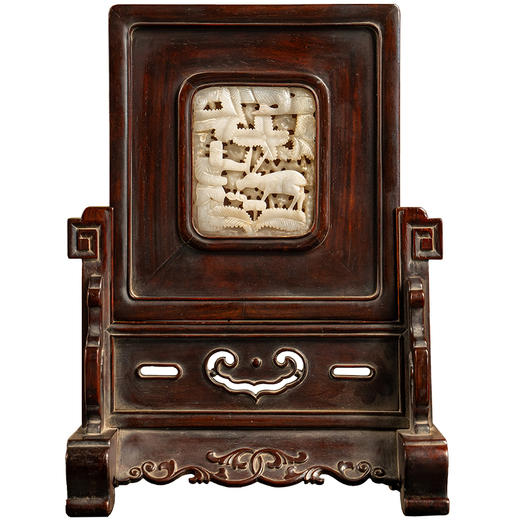 清 红木嵌玉透雕鹿衔灵芝插屏 商品图5