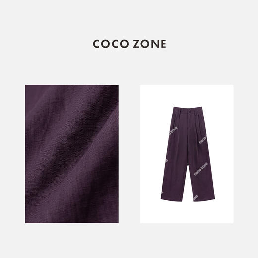 COCO ZONE100亚麻别致紫色休闲裤后松紧腰百搭直筒裤子CC1A0592 商品图2