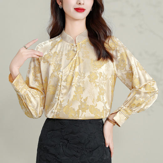 HT-1878实拍新中式衬衫春秋新款原创中国风女装香槟色改良提花上衣 商品图0
