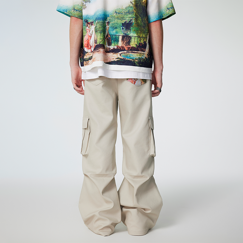 【2024SS新款】美式休闲大口袋褶皱工装长裤潮牌宽松直筒伞兵裤