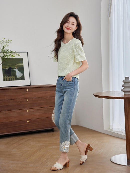 【39元福袋不支持退换】熙世界法式肌理菱格提花雪纺衫2025夏季新款别致小衫泡泡袖上衣 商品图4