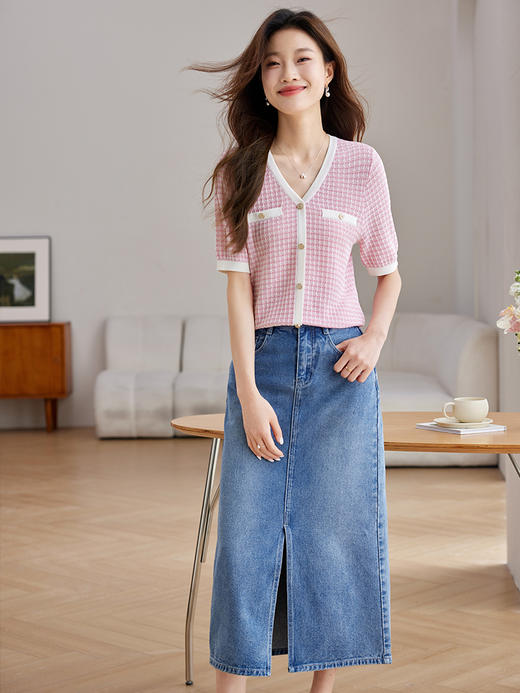 【专属特价】熙世界法式小香风冰丝针织衫夏季短袖时髦气质减龄撞色V领上衣 商品图2