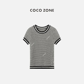 COCO ZONE 夏季撞色边设计短袖针织衫简约条纹圆领上衣CC2B0602