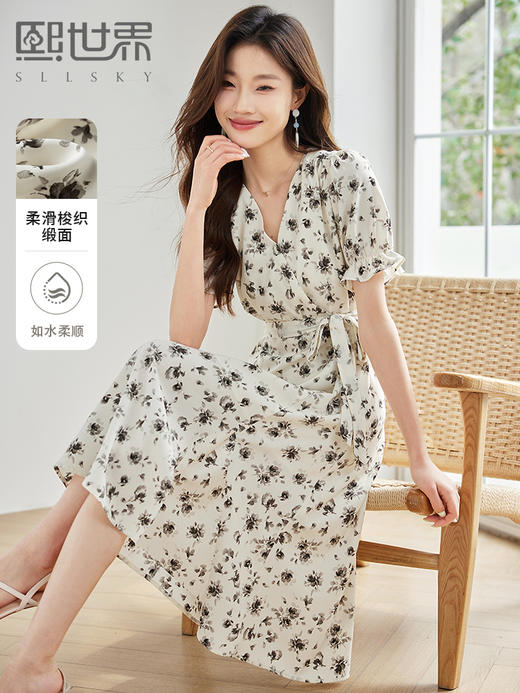 【专属特价】熙世界茶歇法式水墨碎花V领连衣裙夏季优雅收腰显瘦雪纺长裙子 商品图0