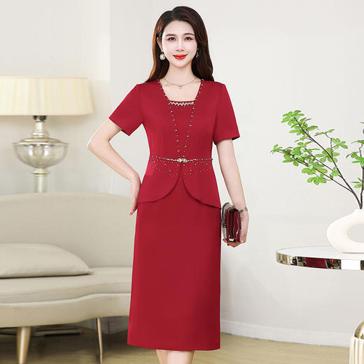 QYM8932假两件中长款洋气红色礼服裙夏款通勤优雅显瘦修身时尚连衣裙 商品图1
