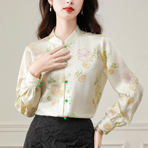 HT-1896实拍新中式国风女装上衣早春新款小立领仿真丝衬衫 商品图1