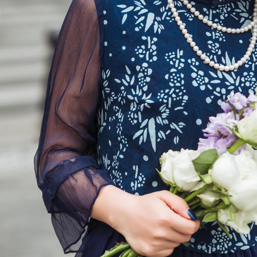 【林栖设计小店】蓝印花系列连衣裙蓝印花布传统拼真丝蛋糕长裙女1942269 商品图8