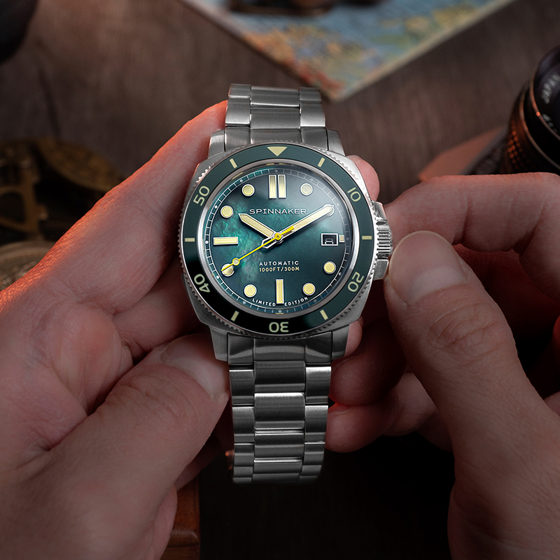 新款SPINNAKER三角帆天然贝母盘自动机械手表限量版夜光防水5106