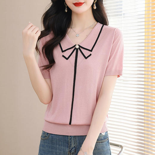 CC娃娃领天丝短袖t恤女夏季2024新款洋气减龄针织上衣薄款冰丝体恤 商品图0