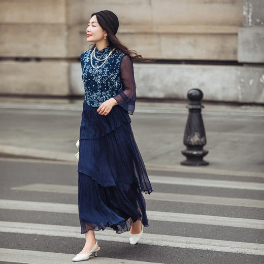 【林栖设计小店】蓝印花系列连衣裙蓝印花布传统拼真丝蛋糕长裙女1942269 商品图2