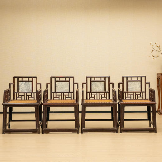 清 红木镶云石攒接靠背扶手玫瑰椅成堂（一堂四只） 商品图0