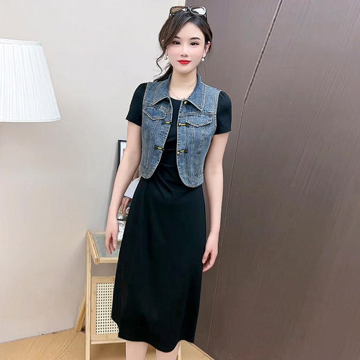 时尚内搭显瘦黑色短袖连衣裙，洋气牛仔马甲两件套QYM-YJ-24MD26-L 商品图0