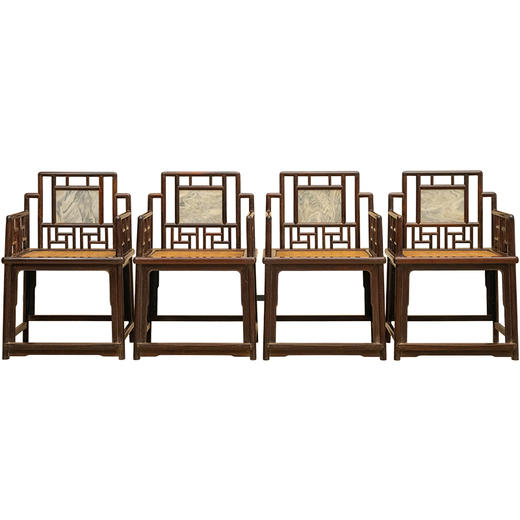 清 红木镶云石攒接靠背扶手玫瑰椅成堂（一堂四只） 商品图5