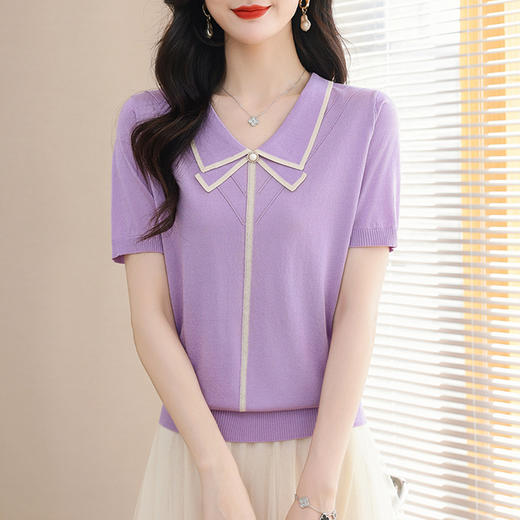 CC娃娃领天丝短袖t恤女夏季2024新款洋气减龄针织上衣薄款冰丝体恤 商品图2