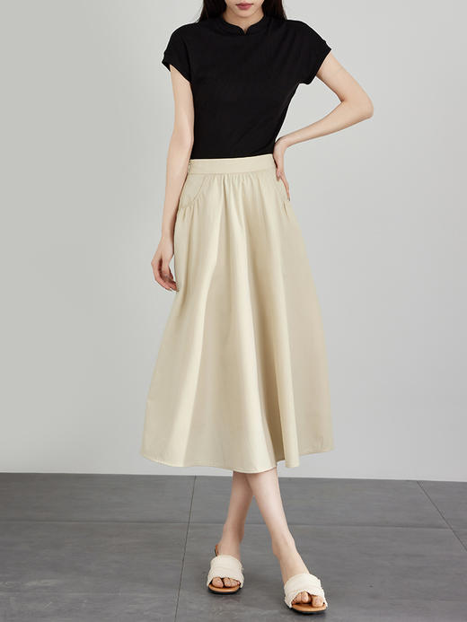 【专属特价】熙世界纯色a字半身裙夏2025新款百搭赫本风中长款伞裙高腰裙子 商品图4