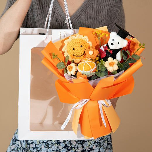 【毕业季丨一举夺魁 向日葵针织毛线】博士熊编织毕业季花束 中高考加油励志礼品 端午节母亲节 商品图0