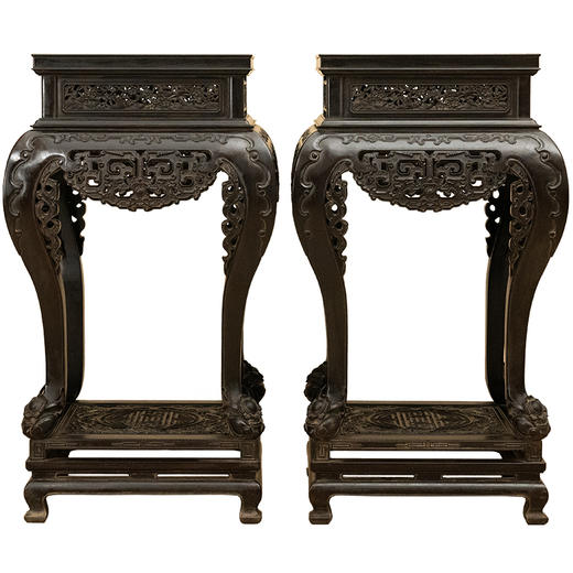 清 紫檀透雕夔龙纹高束腰三弯腿带托泥大香几（一对） 商品图5