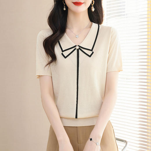 CC娃娃领天丝短袖t恤女夏季2024新款洋气减龄针织上衣薄款冰丝体恤 商品图1