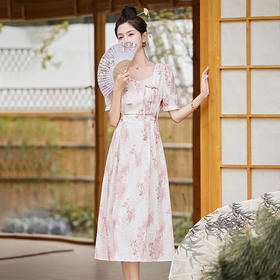 HRFS-8659夏季上新气质时尚新中式法式浪漫小清新印花方领盘扣连衣裙