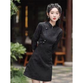 AHM-9843新中式黑色旗袍裙夏季新款小个子年轻款复古改良古风连衣裙