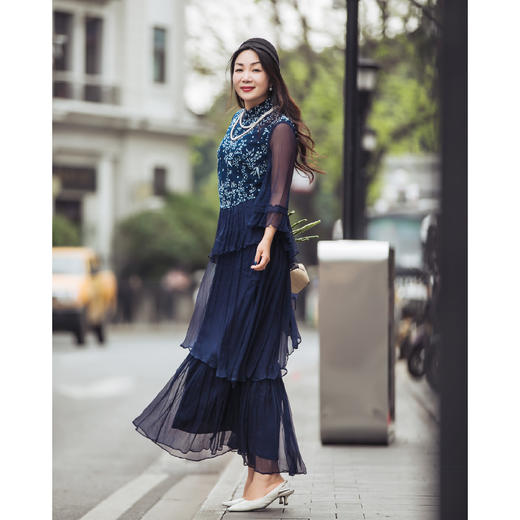 【林栖设计小店】蓝印花系列连衣裙蓝印花布传统拼真丝蛋糕长裙女1942269 商品图3