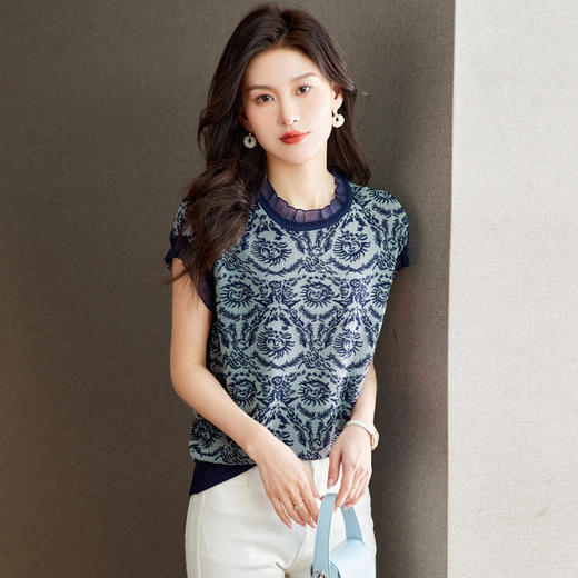 CC 68292天丝薄款针织衫洋气减龄蕾丝提花显瘦遮肉上衣 商品图2