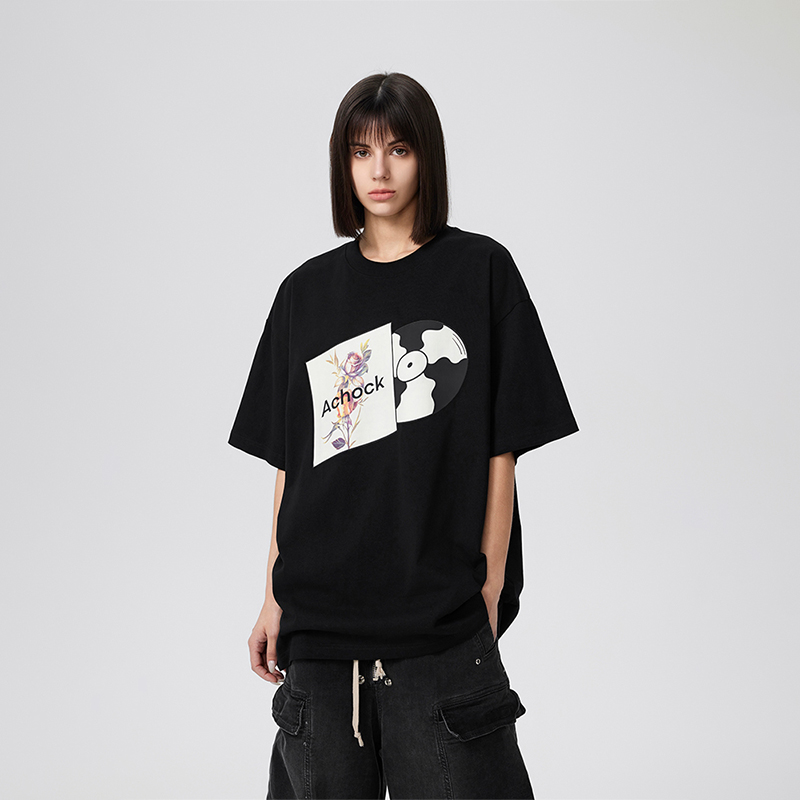 【2024SS新款】原创设计美式趣味碟片印花t恤圆领休闲五分短袖