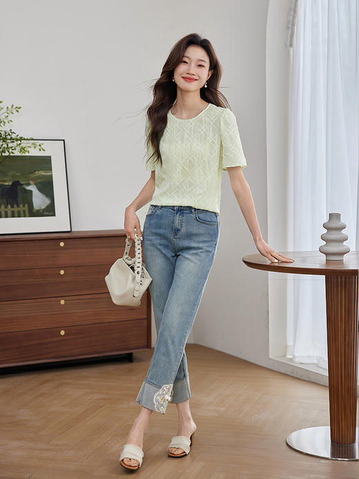 【39元福袋不支持退换】熙世界法式肌理菱格提花雪纺衫2025夏季新款别致小衫泡泡袖上衣 商品图3