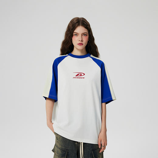 【博主爆款🔥】美式复古重磅撞色拼接短袖潮牌宽松重工设计t恤 商品图1