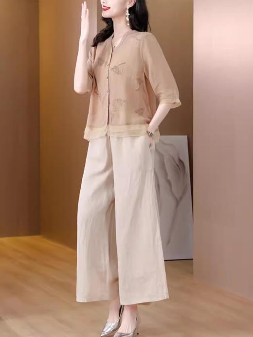 A9909薄款天丝棉麻套装女夏季2024新款阔太太中年妈妈宽松阔腿裤两件套 商品图0