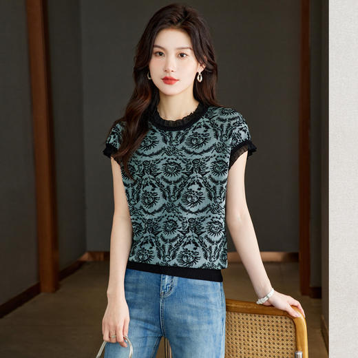 CC 68292天丝薄款针织衫洋气减龄蕾丝提花显瘦遮肉上衣 商品图0