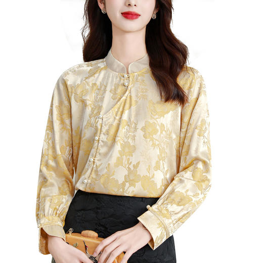 HT-1878实拍新中式衬衫春秋新款原创中国风女装香槟色改良提花上衣 商品图4