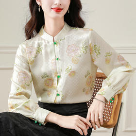 HT-1896实拍新中式国风女装上衣早春新款小立领仿真丝衬衫