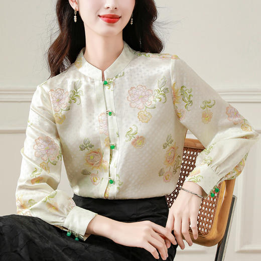 HT-1896实拍新中式国风女装上衣早春新款小立领仿真丝衬衫 商品图0