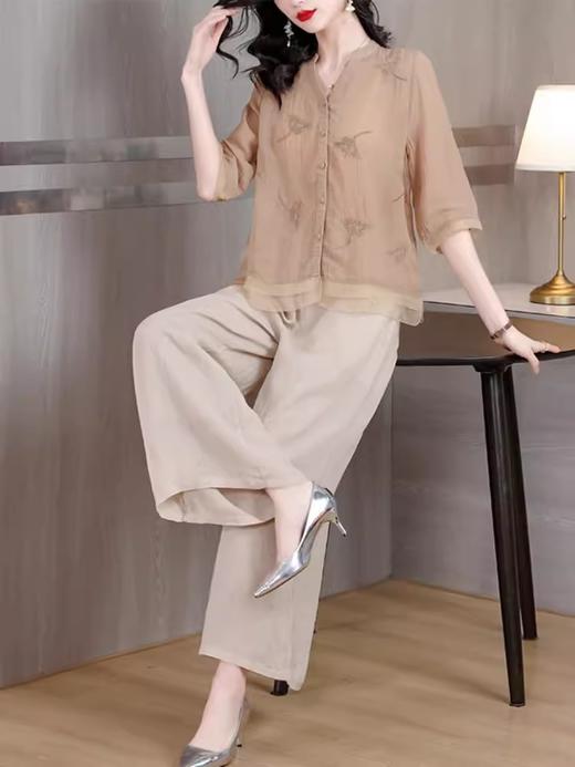 A9909薄款天丝棉麻套装女夏季2024新款阔太太中年妈妈宽松阔腿裤两件套 商品图1