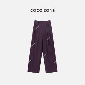 COCO ZONE100亚麻别致紫色休闲裤后松紧腰百搭直筒裤子CC1A0592