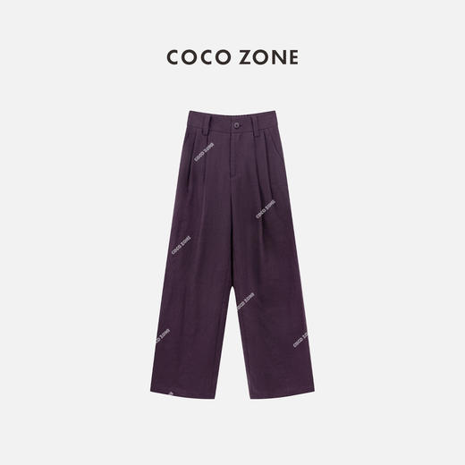 COCO ZONE100亚麻别致紫色休闲裤后松紧腰百搭直筒裤子CC1A0592 商品图0
