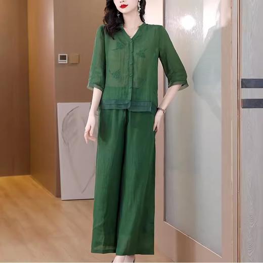 A9909薄款天丝棉麻套装女夏季2024新款阔太太中年妈妈宽松阔腿裤两件套 商品图2